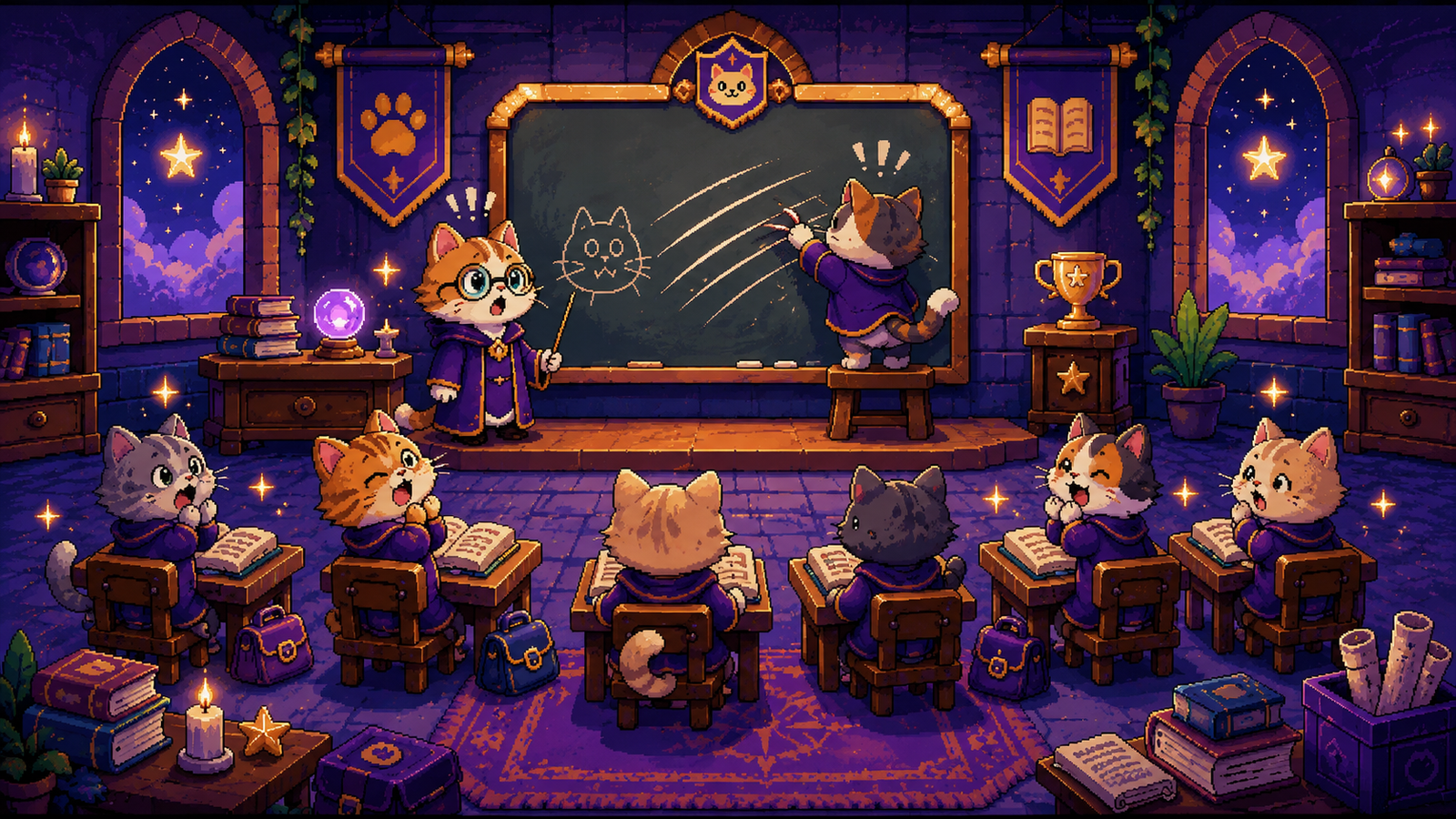 Pixel art classroom with teacher cat and naughty kitten scratching the chalkboard