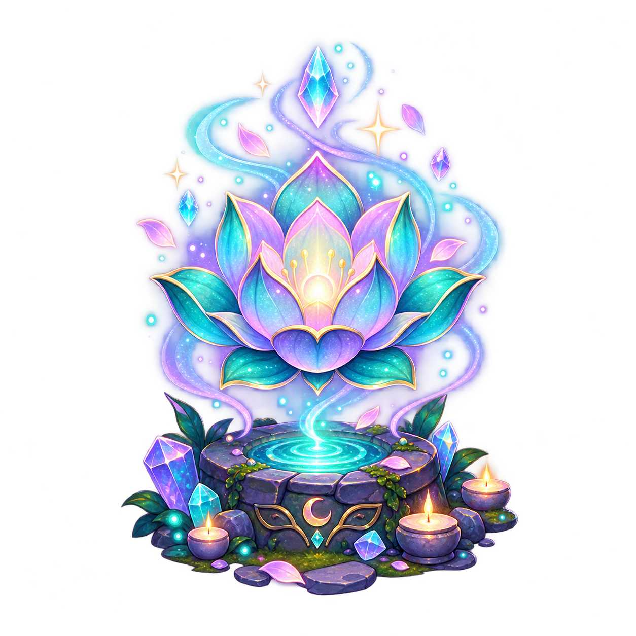 Glowing magical lotus surrounded by crystals and candlelight