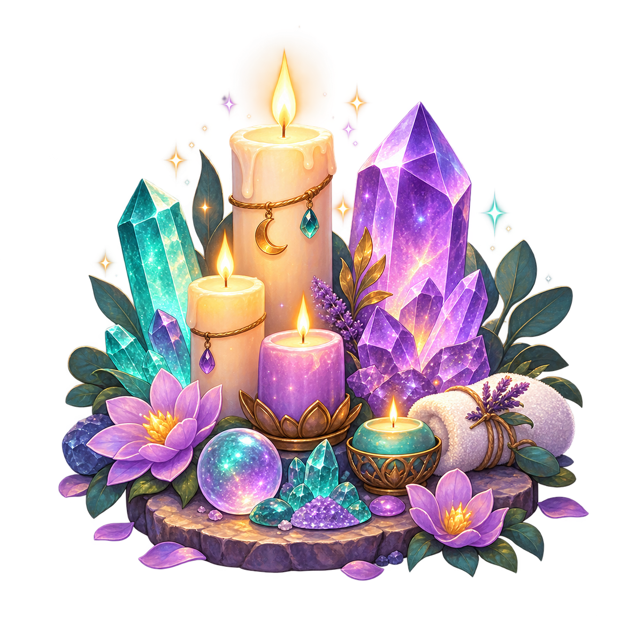 Magical candles, incense and glowing crystals