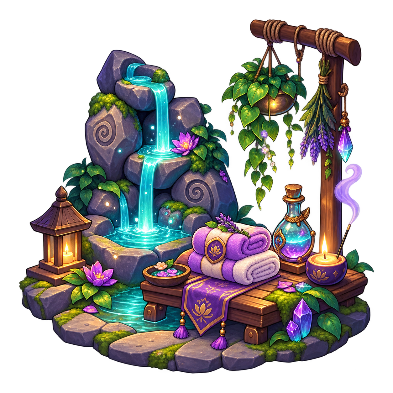 Magical spa fountain with towels, herbs, candles and crystals