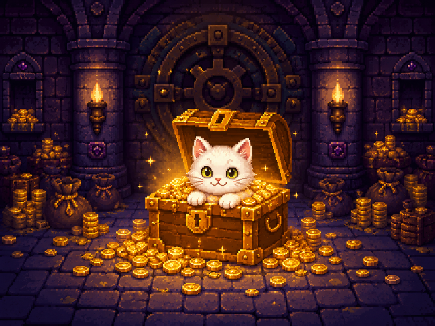 White cat sitting in an open treasure chest filled with gold coins
